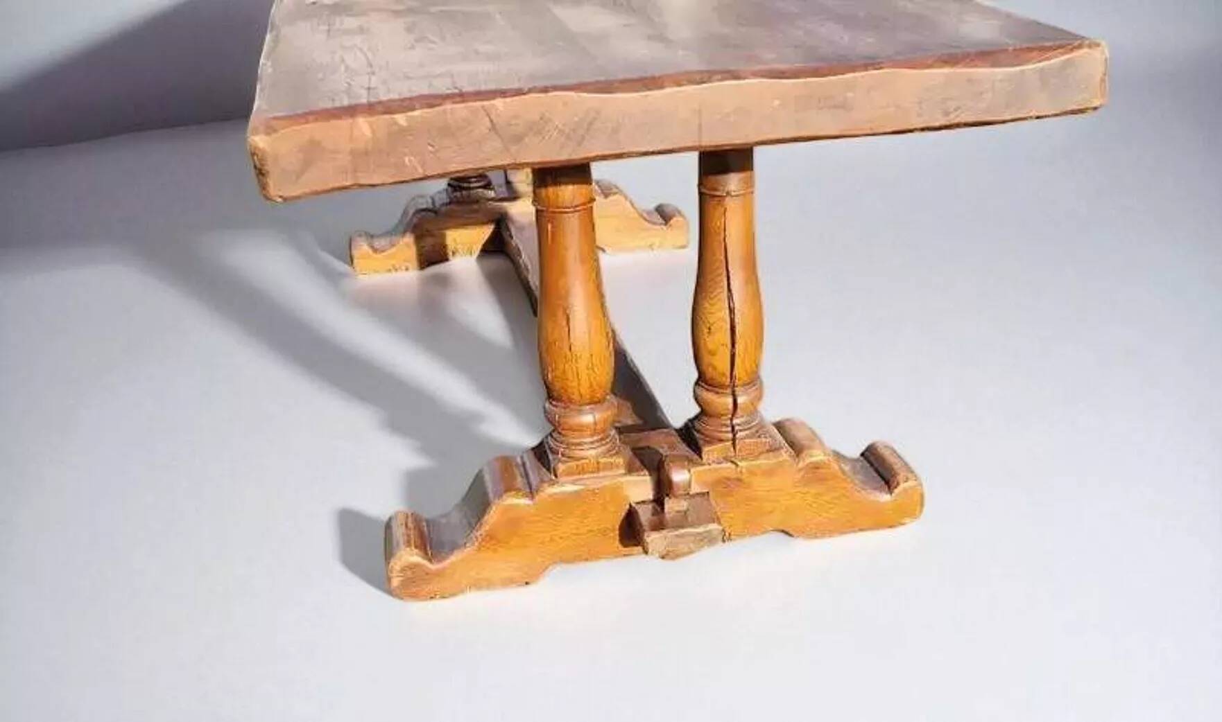 Old farmhouse dining table, 2 benches, 2 chairs