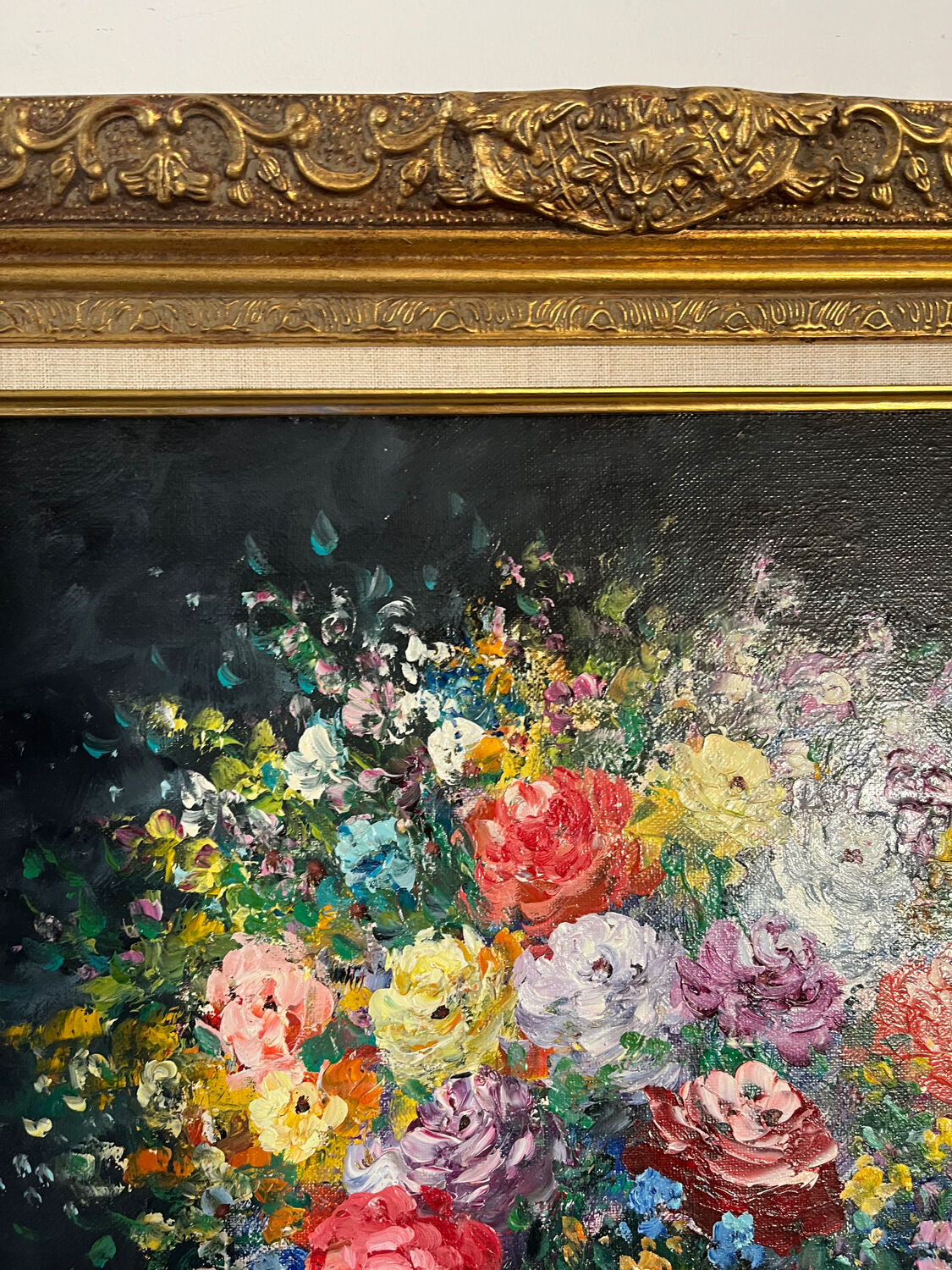 Framed bouquet of flowers, oil on canvas signed R Mogisse.