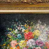 Framed bouquet of flowers, oil on canvas signed R Mogisse.