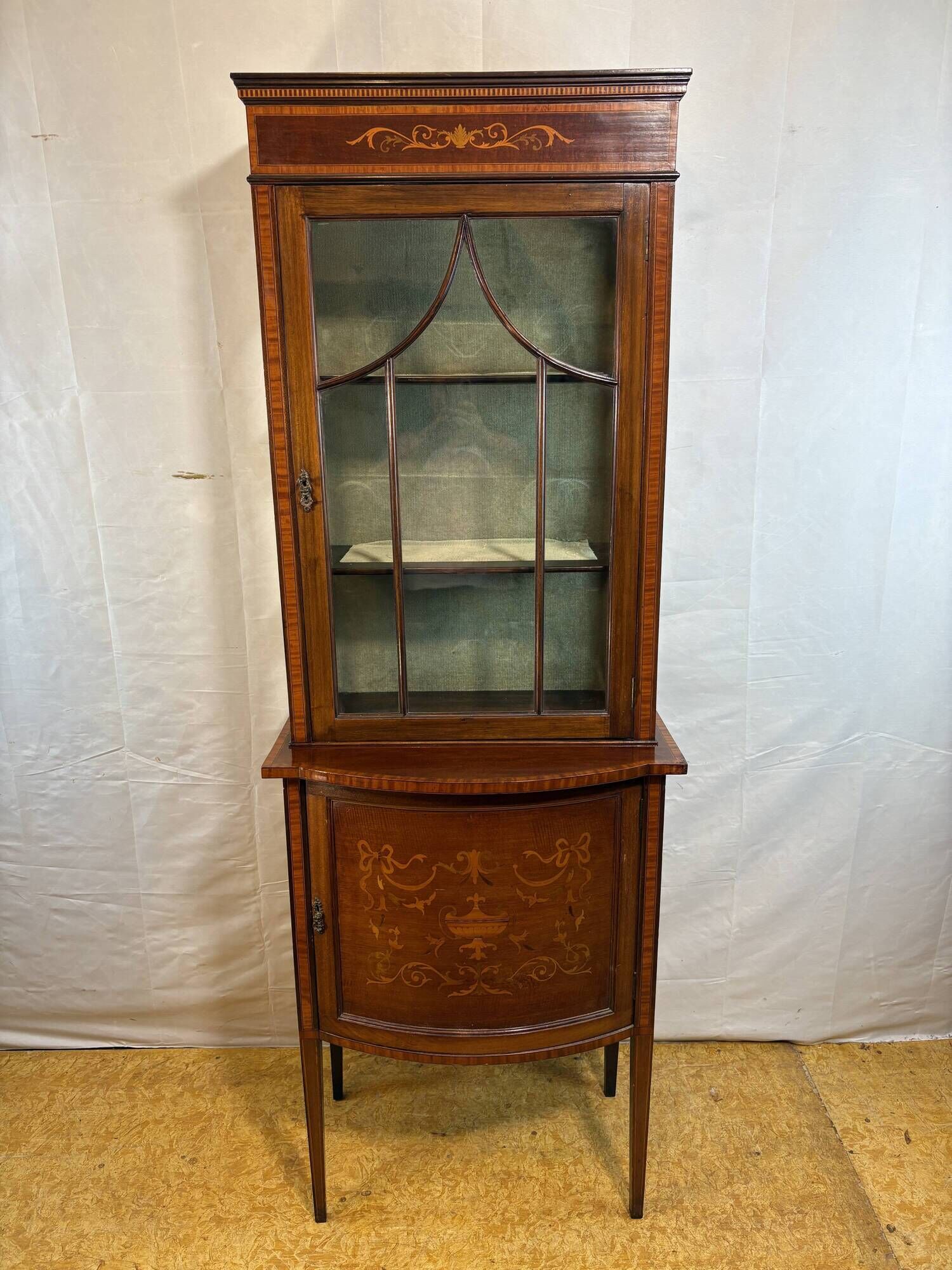 Stunning Antique Edwardian Inlaid Mahogany Bow-Front Silver Display Cabinet