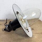 Industrial German Black Enamel Pendant Lamp with Glass Cover, 1930s