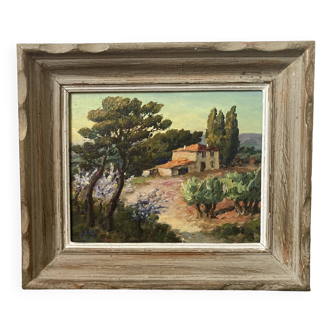 Southern landscape at the bastide painted in oil on hardboard. Signed Rouvier?