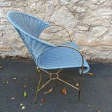 Fauteuil en rotin, couleur bleue, structure en métal, 1970