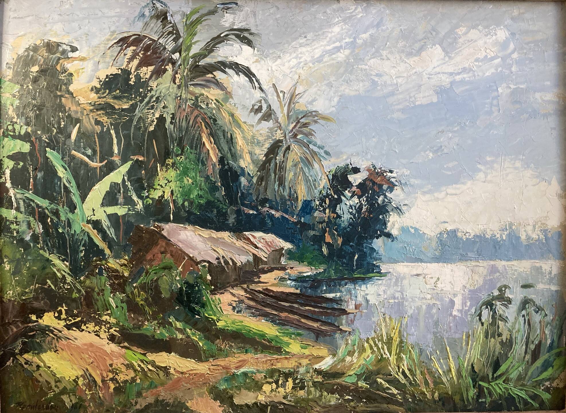 REMILANDOU, HSP landscape fisherman’s cabin Congo signed 20th century