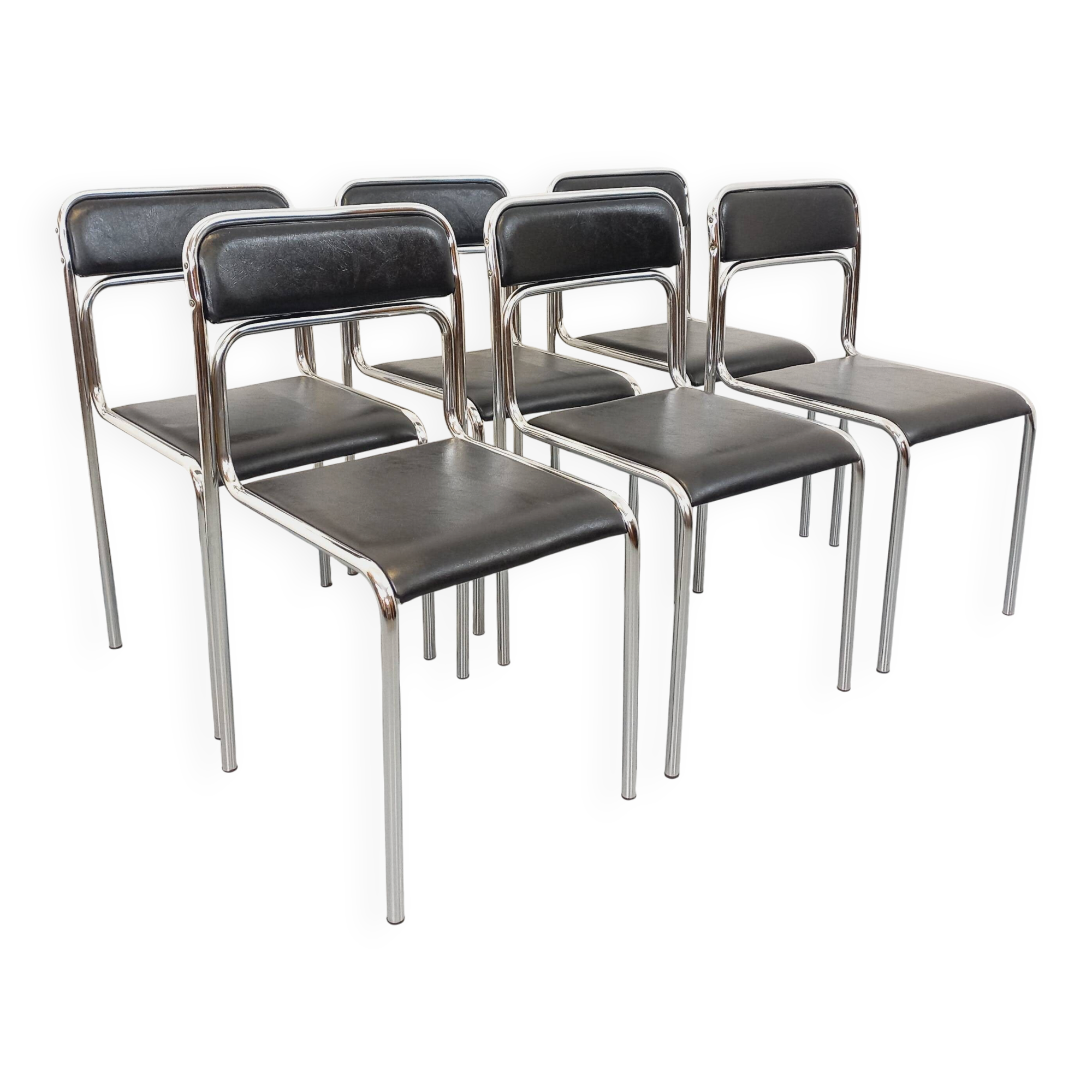 Set of 6 vintage Italian stackable chairs in chrome metal and faux leather.