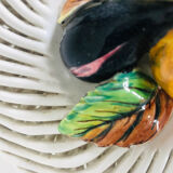 Covered basket in woven ceramic and fruit slip.