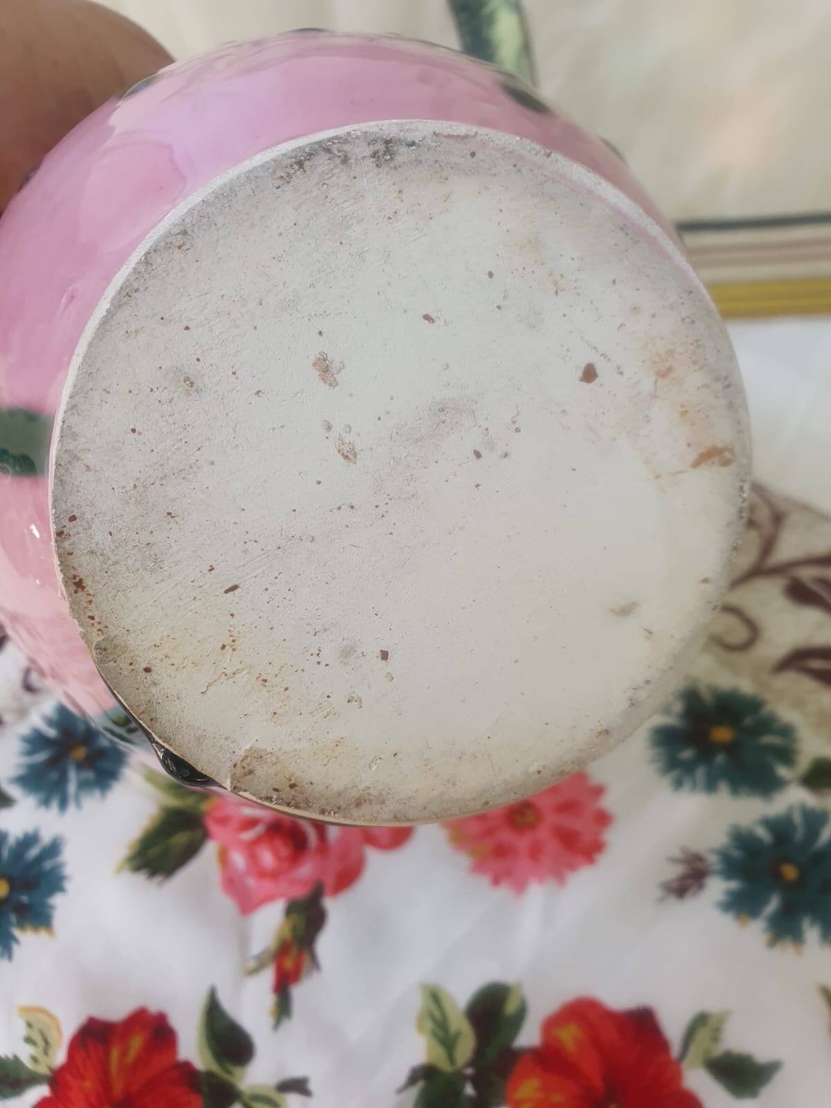 Jug pitcher Provençal earthenware glazed with pink and green glaze.