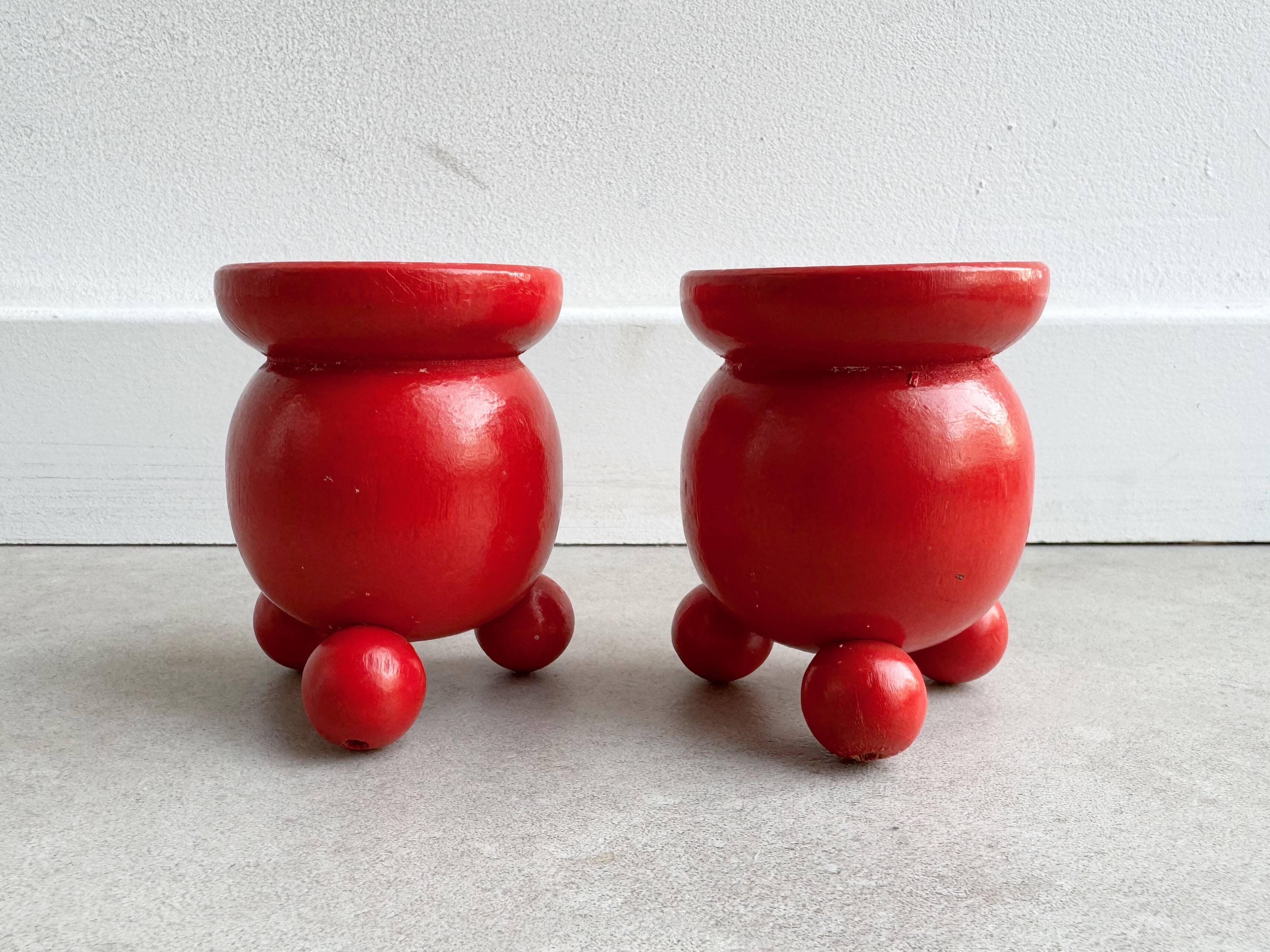 Set of 2 Vintage Scandinavian candle holders - red wood