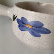 Large antique crackled ceramic fondue pot decorated with blue flowers