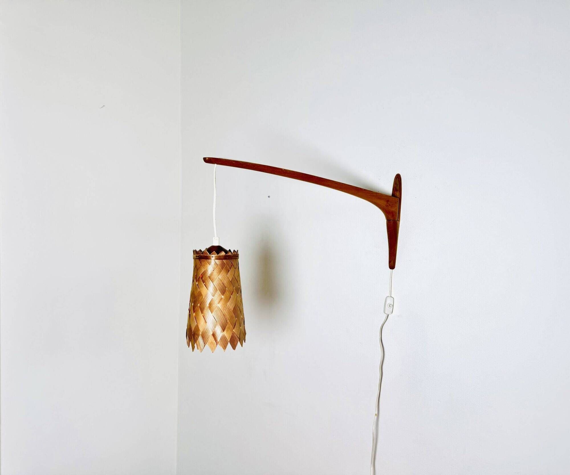 Swivel Arm Teak Wall Lamp With Pine Veneer Shade By Unknown Designer, Sweden 1960S