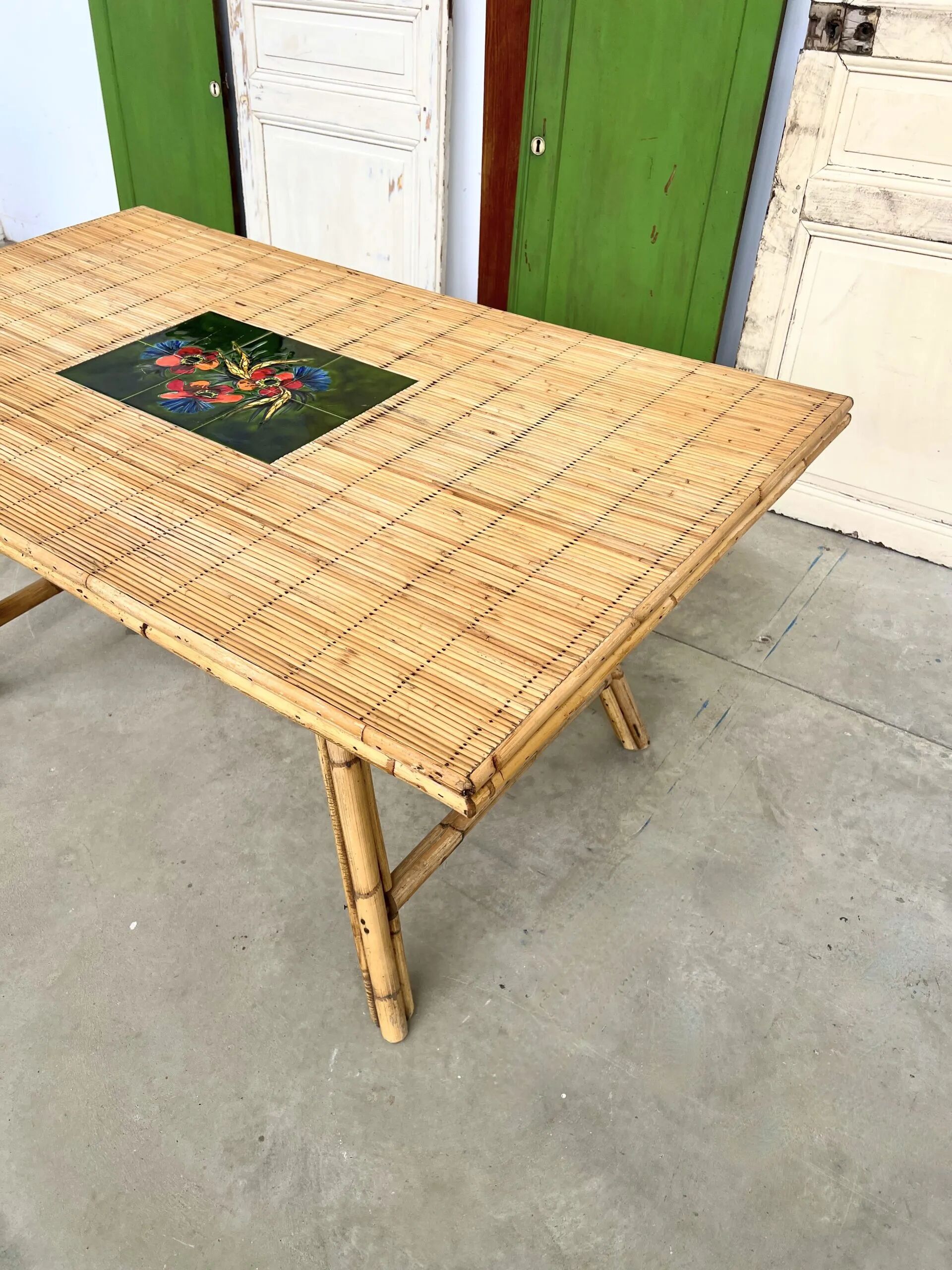 Audoux Minet bamboo rattan ceramic dining table, signed La Roue Vallauris