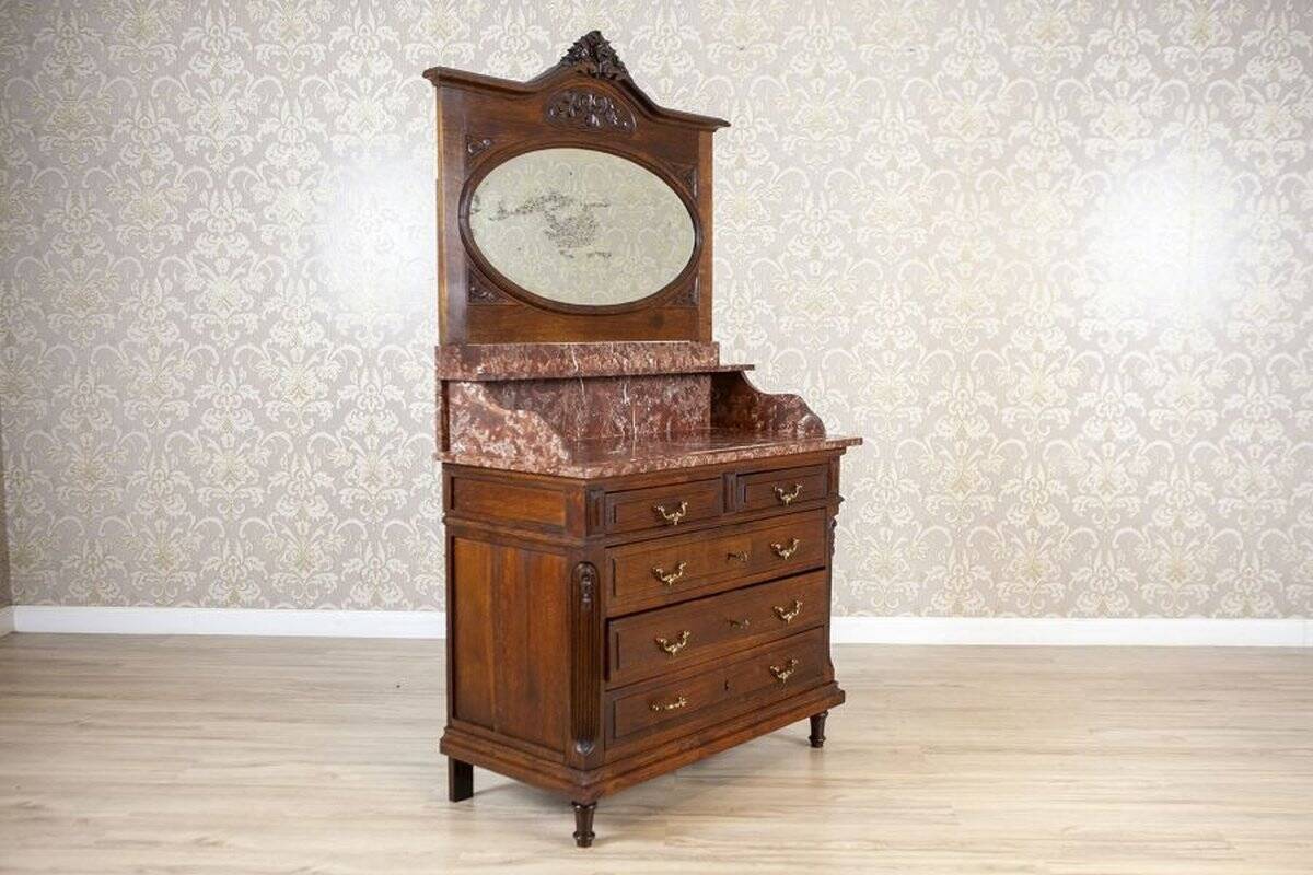Interwar Walnut Vanity Dresser with Marble Top, 1930s