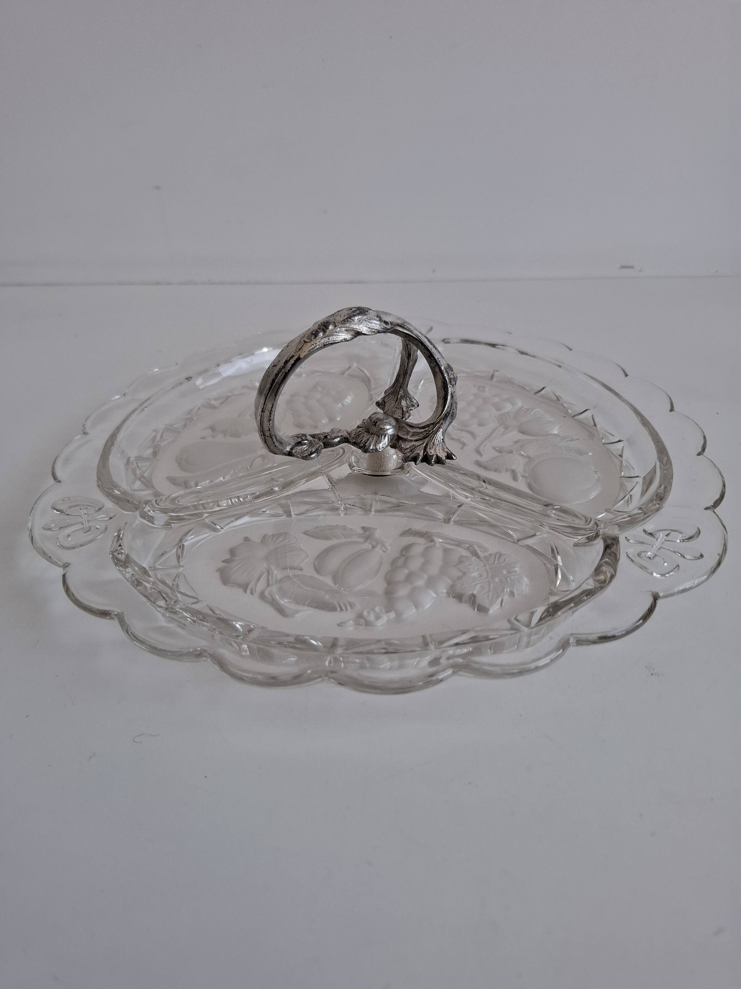 Art Deco Pressed Glass Divided Serving Dish with Alpaca Handle, 1930