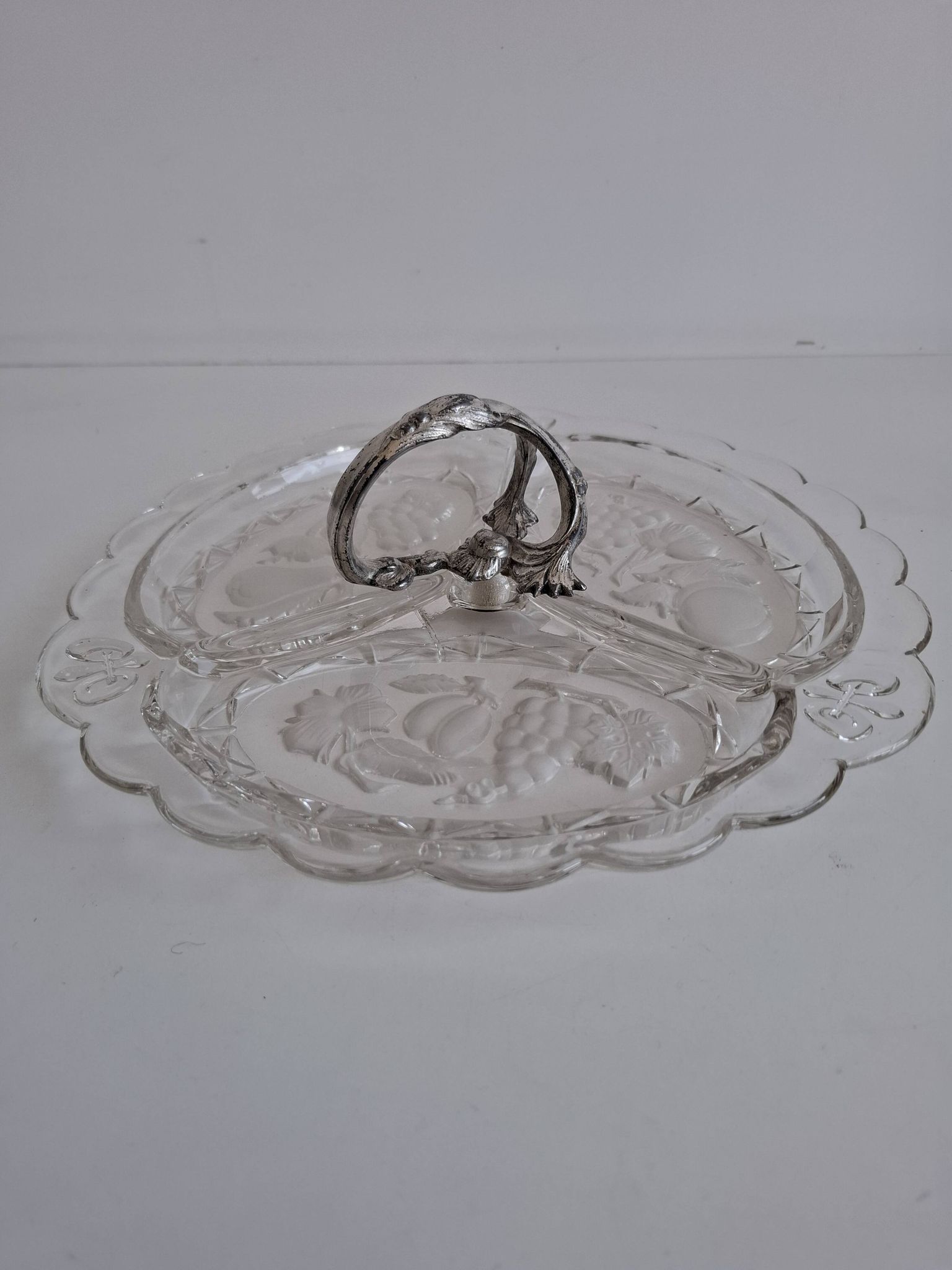 Art Deco Pressed Glass Divided Serving Dish with Alpaca Handle, 1930