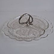 Art Deco Pressed Glass Divided Serving Dish with Alpaca Handle, 1930