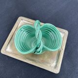 Vintage, woven basket, green, glazed earthenware, grooves, stylized, décor, French decoration, Fran