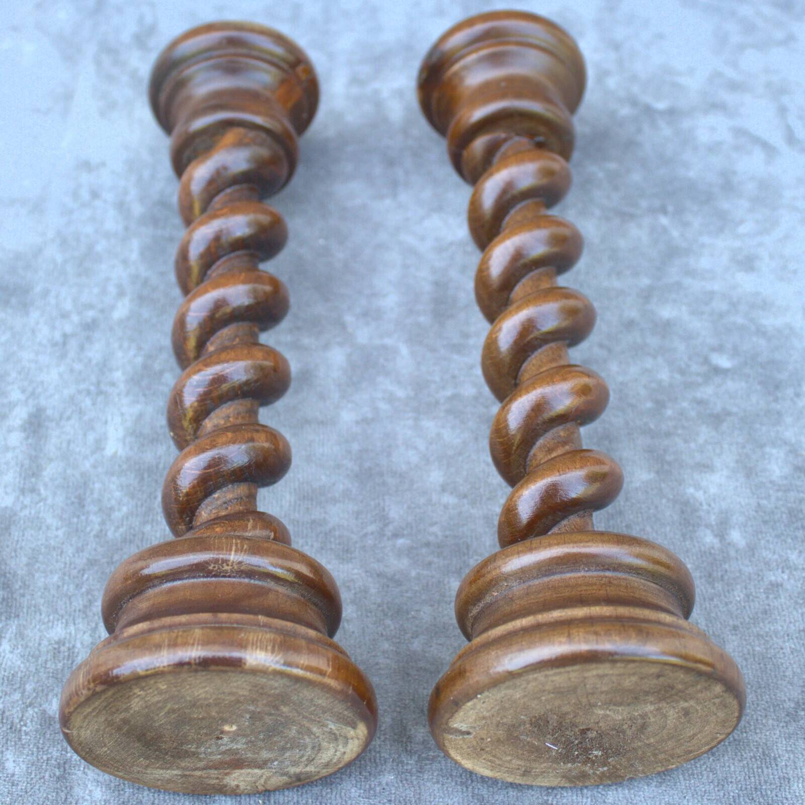 Antique pair of twisted oak candlesticks, table decoration, French heritage