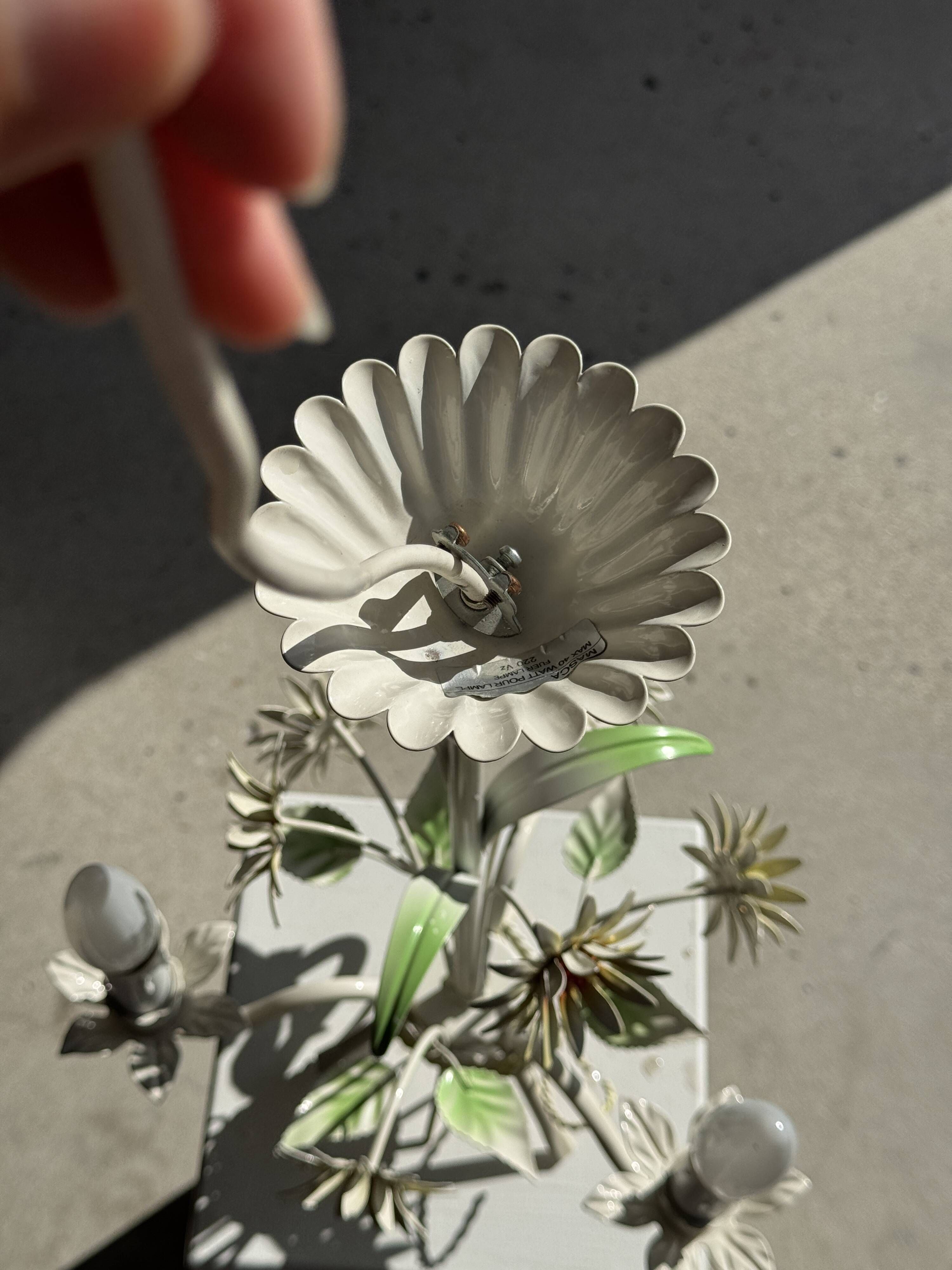 Small vintage cream metal flower chandelier with orange flowers and 3 arms.