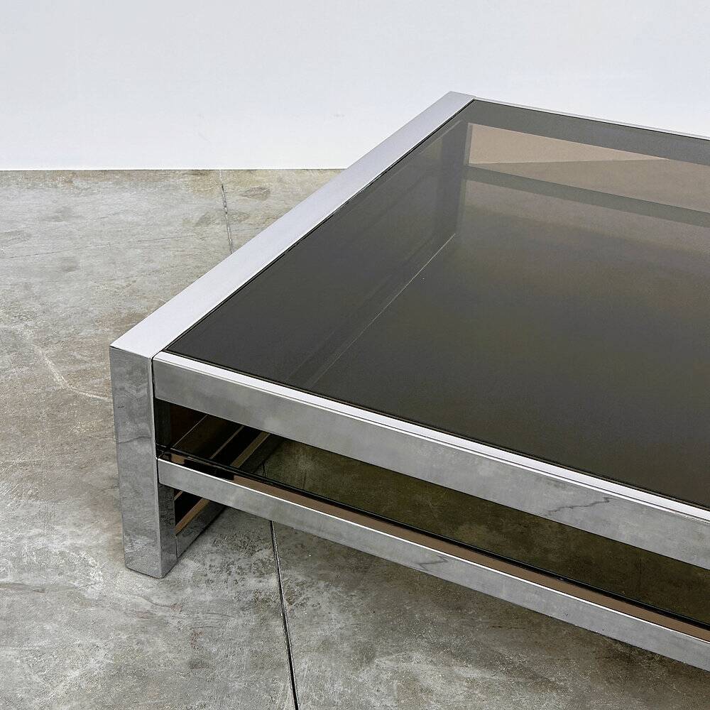 XL Belgo Chrom square coffee table in chrome & smoked glass – 1970s