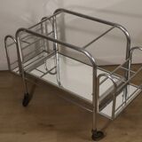 Desserte roulante vintage années 70 en métal chromé et verre miroir