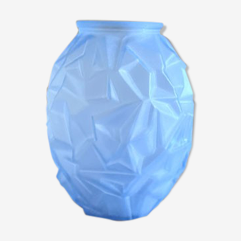 Blue Art Deco vase in frosted glass crumpled effect