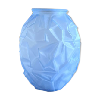 Blue Art Deco vase in frosted glass crumpled effect