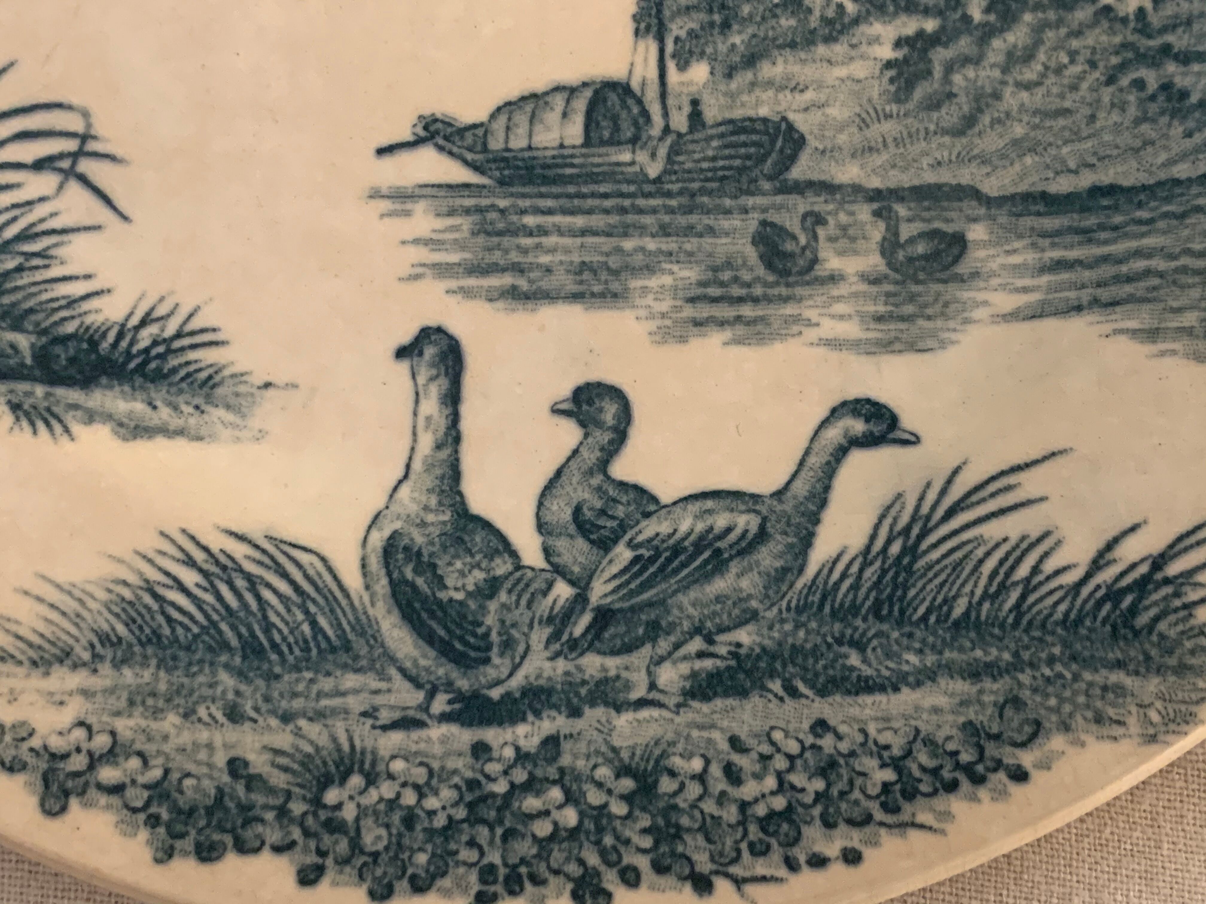 9 dessert plates old chickens, geese and pheasants blue field service Terre de Fer