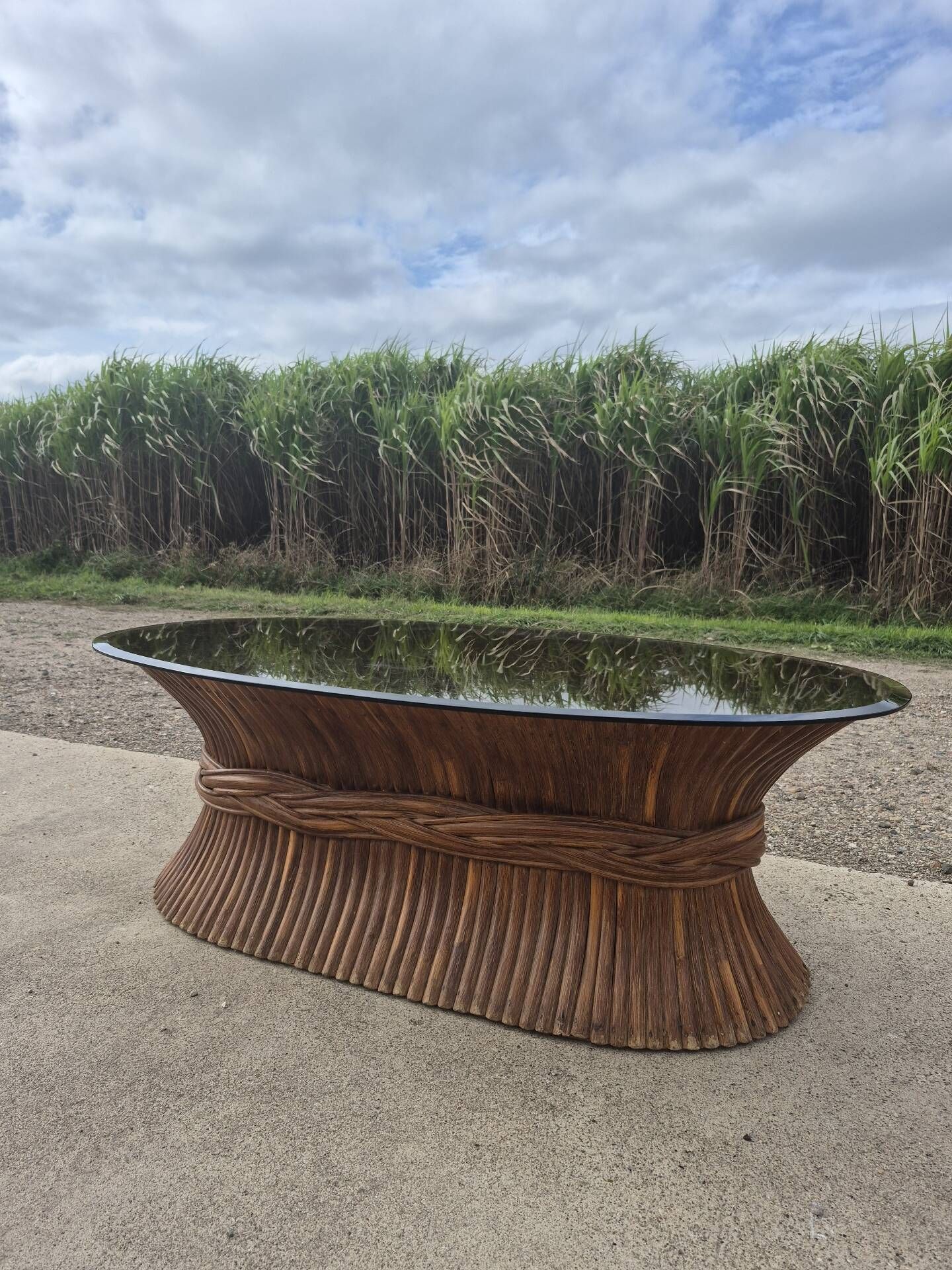 Sheaf of wheat bamboo coffee table glass top 1970s McGuire