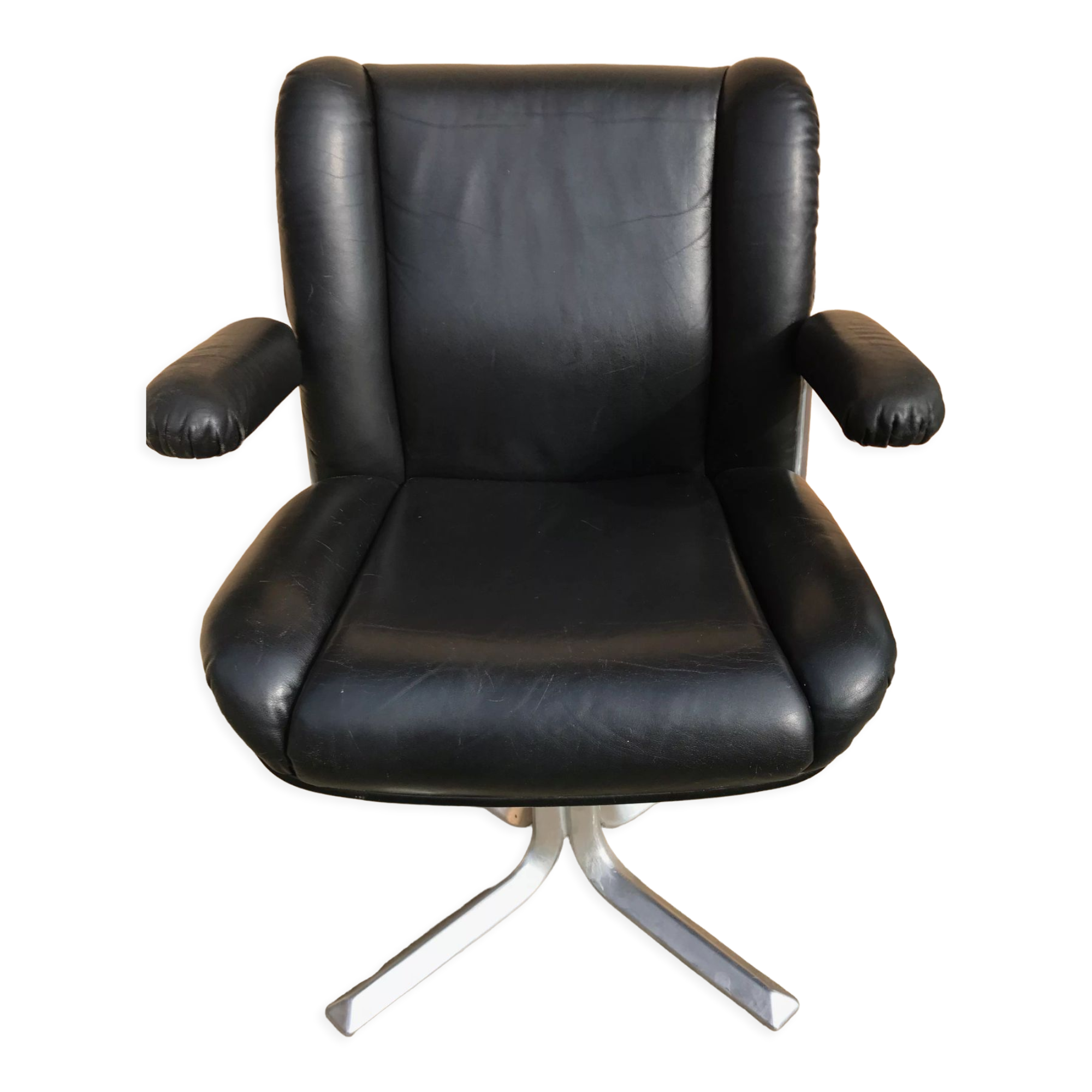 Vintage swivel black leather armchair
