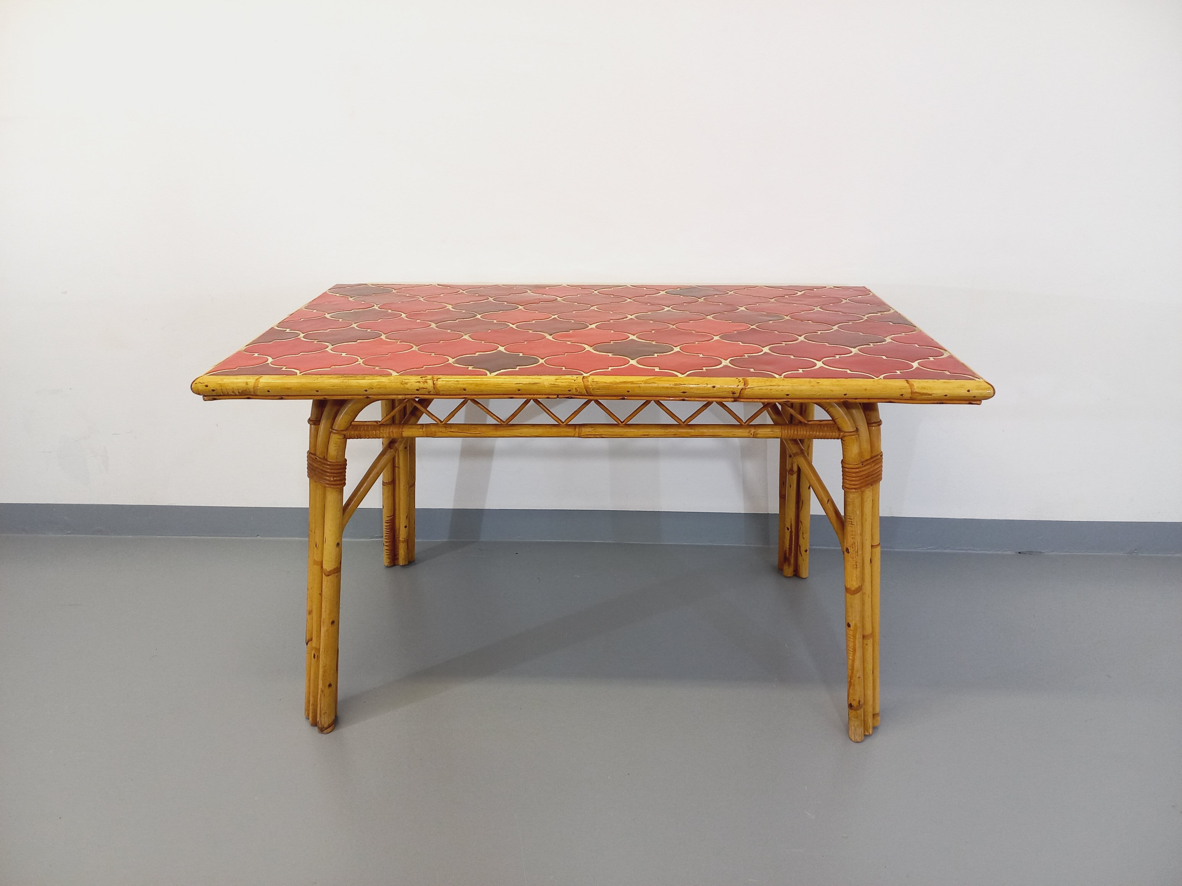 Vintage dining table in rattan and ceramic from Vallauris from the 50s and 60s