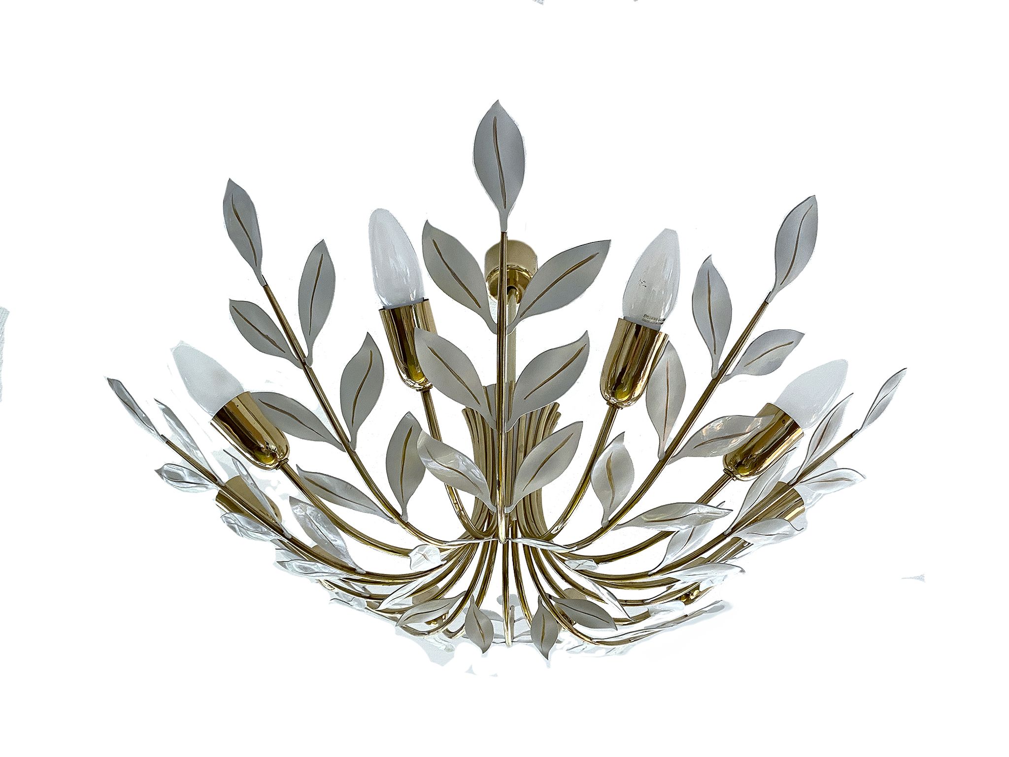 Large Pendant Lamp Vintage Pattern Bouquet Leaves, Brass, White Gold, 50s