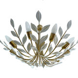 Large Pendant Lamp Vintage Pattern Bouquet Leaves, Brass, White Gold, 50s