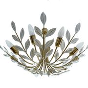 Large Pendant Lamp Vintage Pattern Bouquet Leaves, Brass, White Gold, 50s