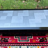 Vintage coffee table in stainless steel and black lacquered wood.