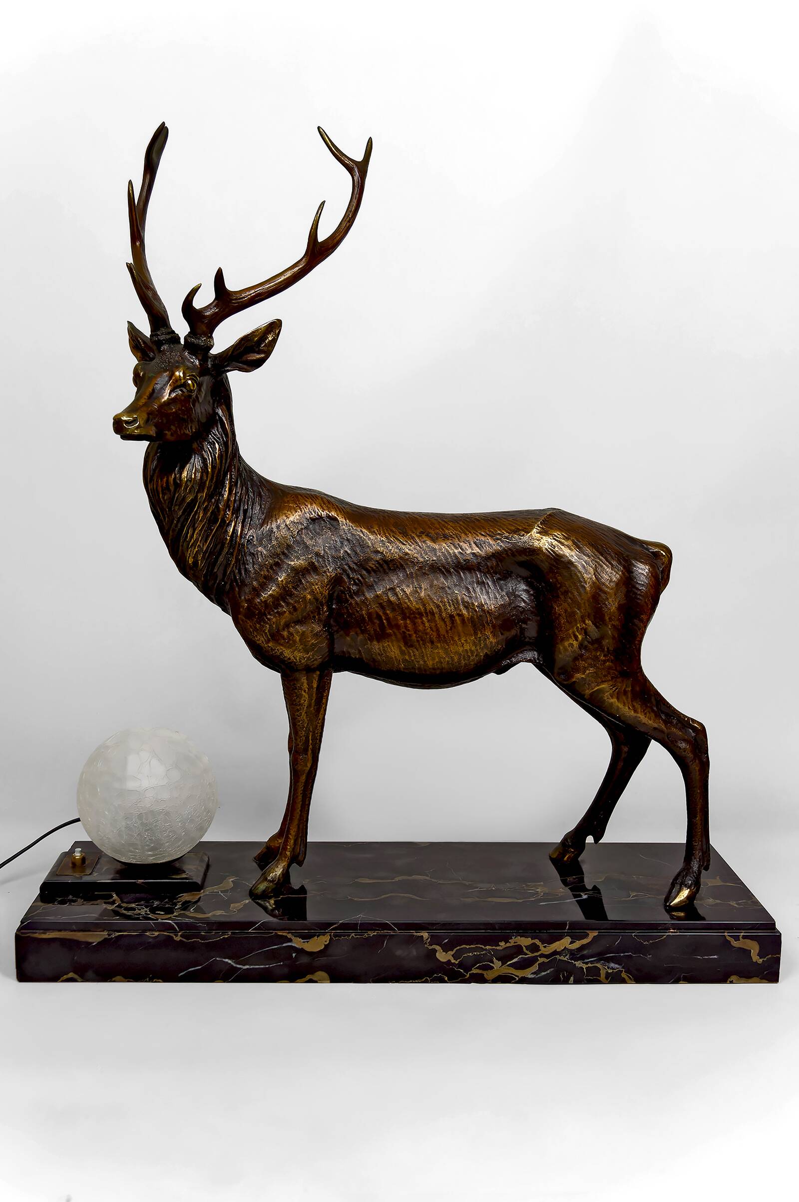 Important Bronze and Marble Sculptural Lamp, Deer, Art Deco, France