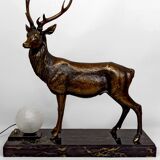 Importante Lampe Sculpturale en Bronze et Marbre, Cerf, Art Déco, France