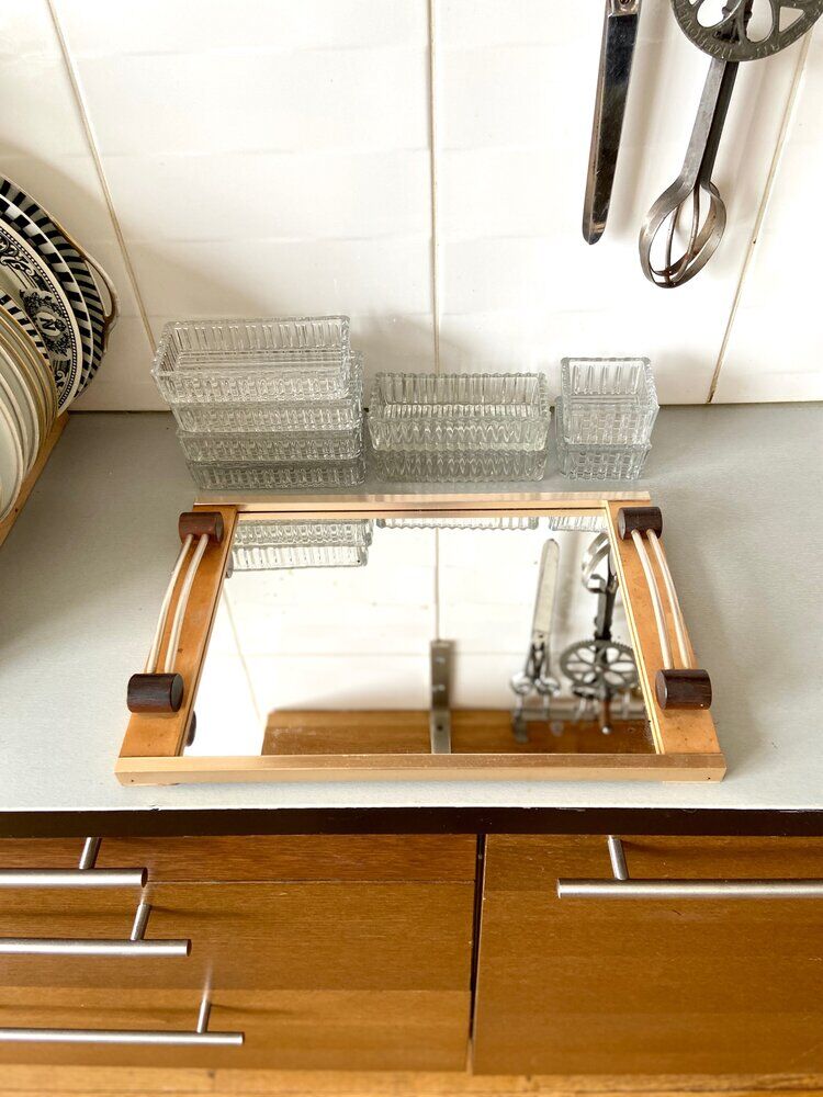 Wooden top and mirror and 8 glass ramekins