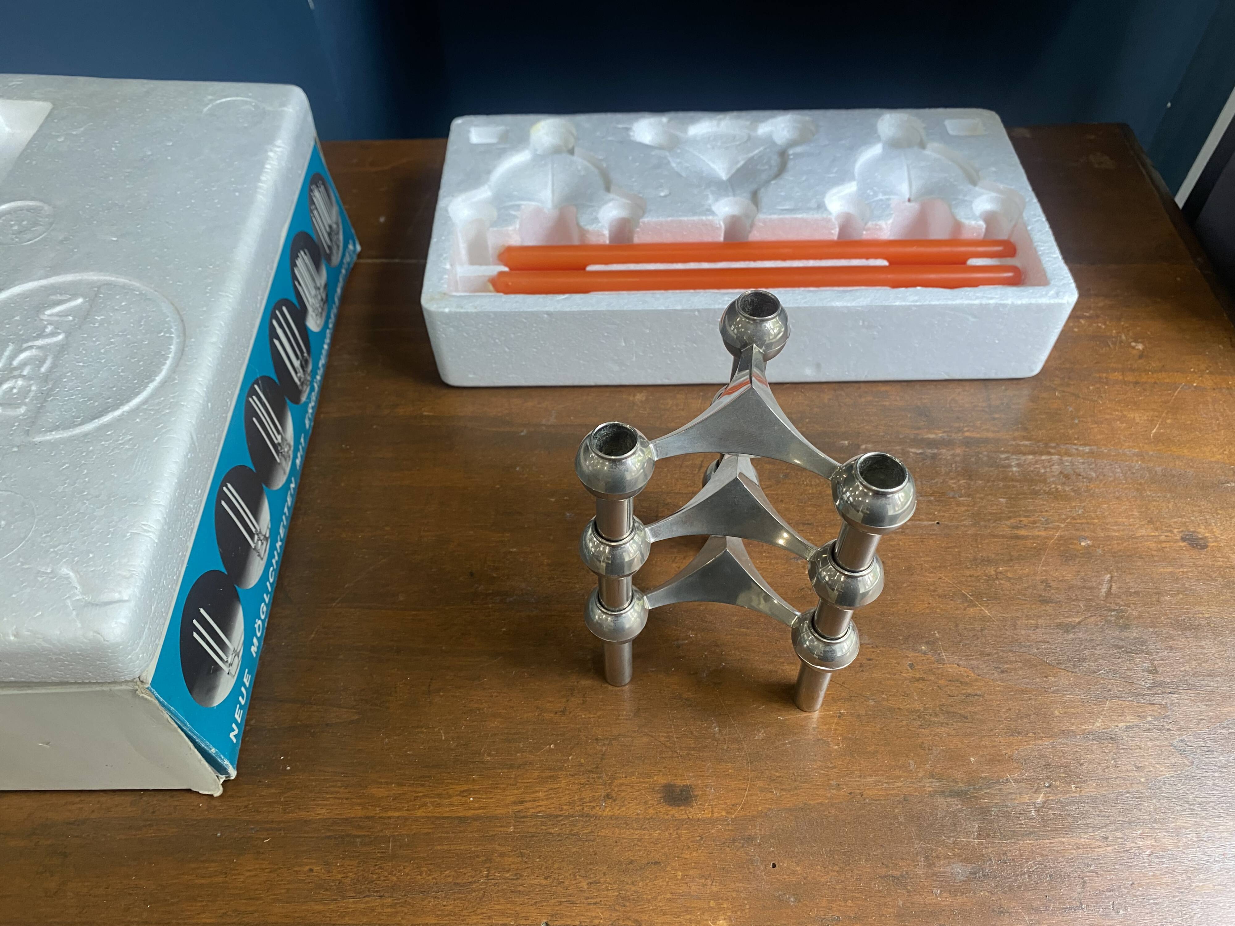 Set of 3 S22 candle holders and 9 vintage 1970 NAGEL modular candles in box.