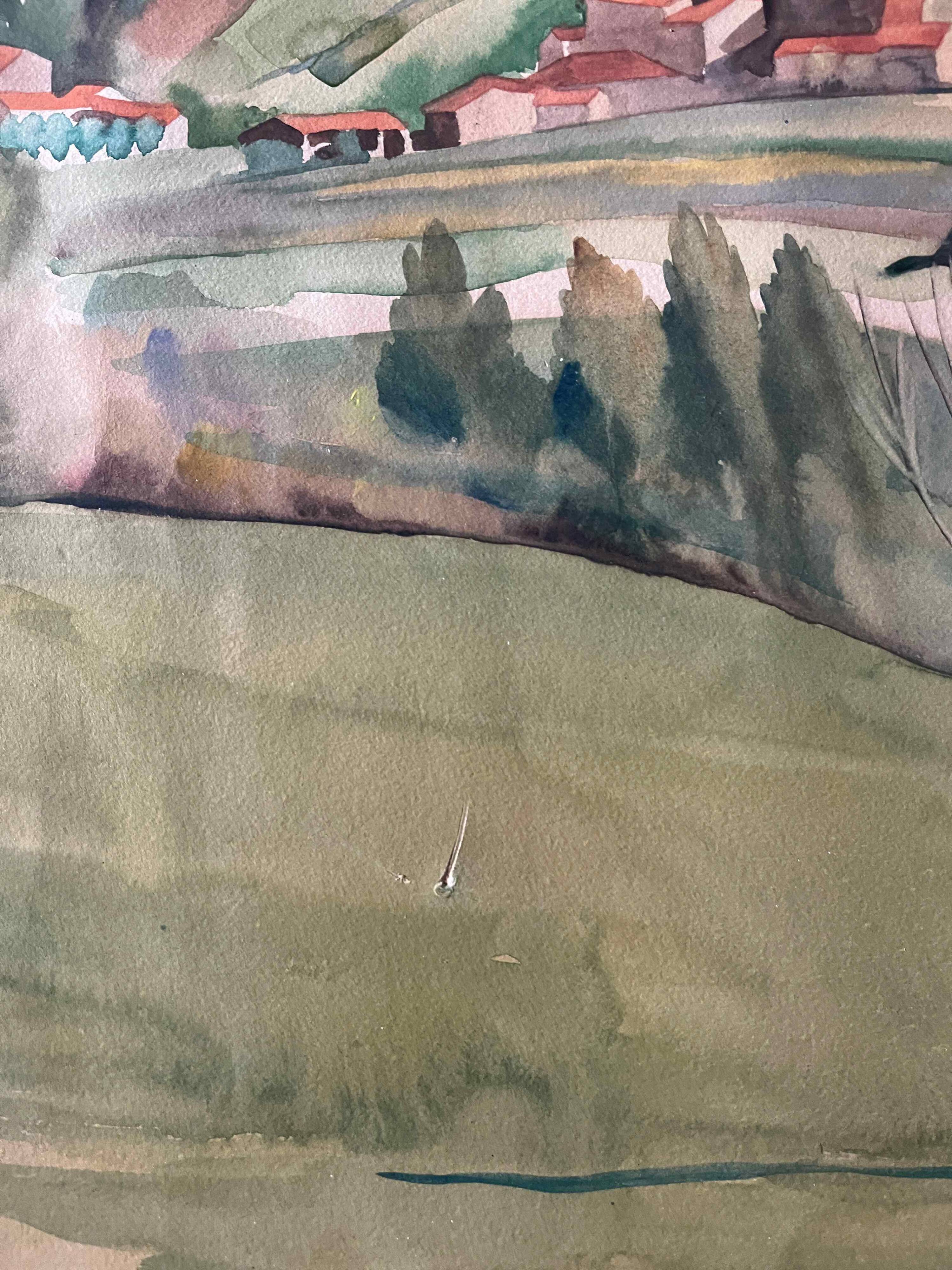 Large Watercolor Painting "Le Hameau" post-cubist landscape signed J. Ley 1943