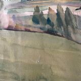 Large Watercolor Painting "Le Hameau" post-cubist landscape signed J. Ley 1943