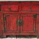Small antique Chinese buffet (1920-1950) in rustic style, red lacquered, ori
