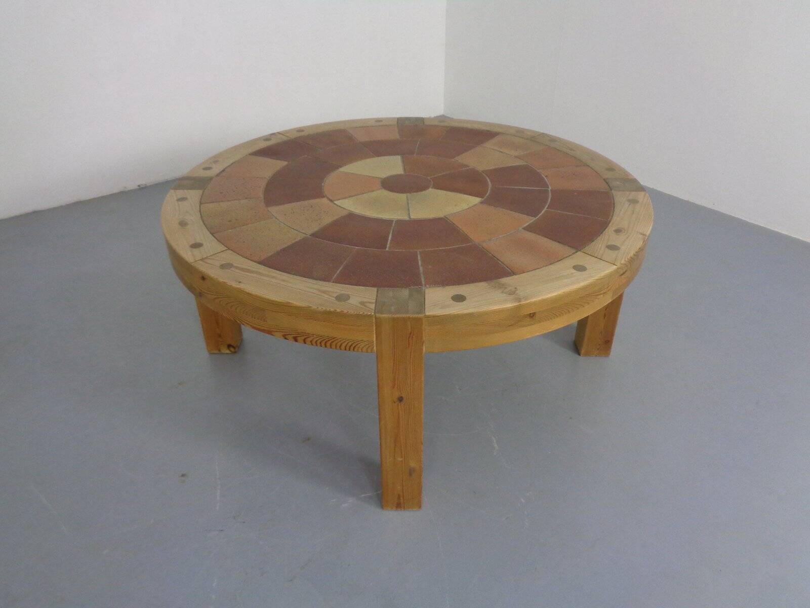 Large pine and ceramic coffee table by Lisbeth Sallingboe for Sallingboe, Denmark, 1970s.