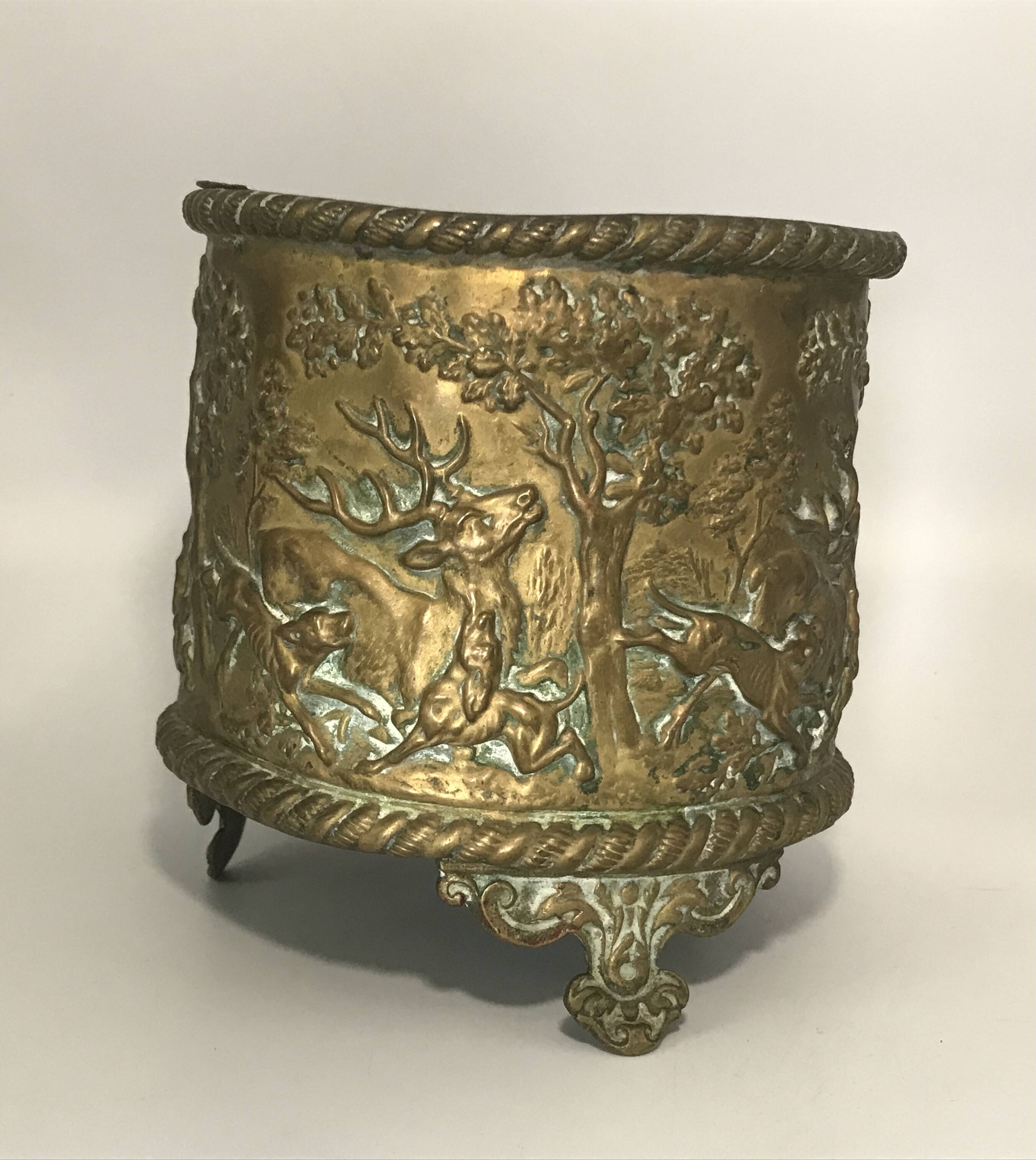 Antique Napoleon III Brass Planter with Embossed Hunting Scene Decor
