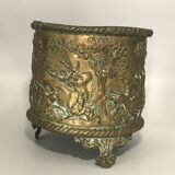 Antique Napoleon III Brass Planter with Embossed Hunting Scene Decor