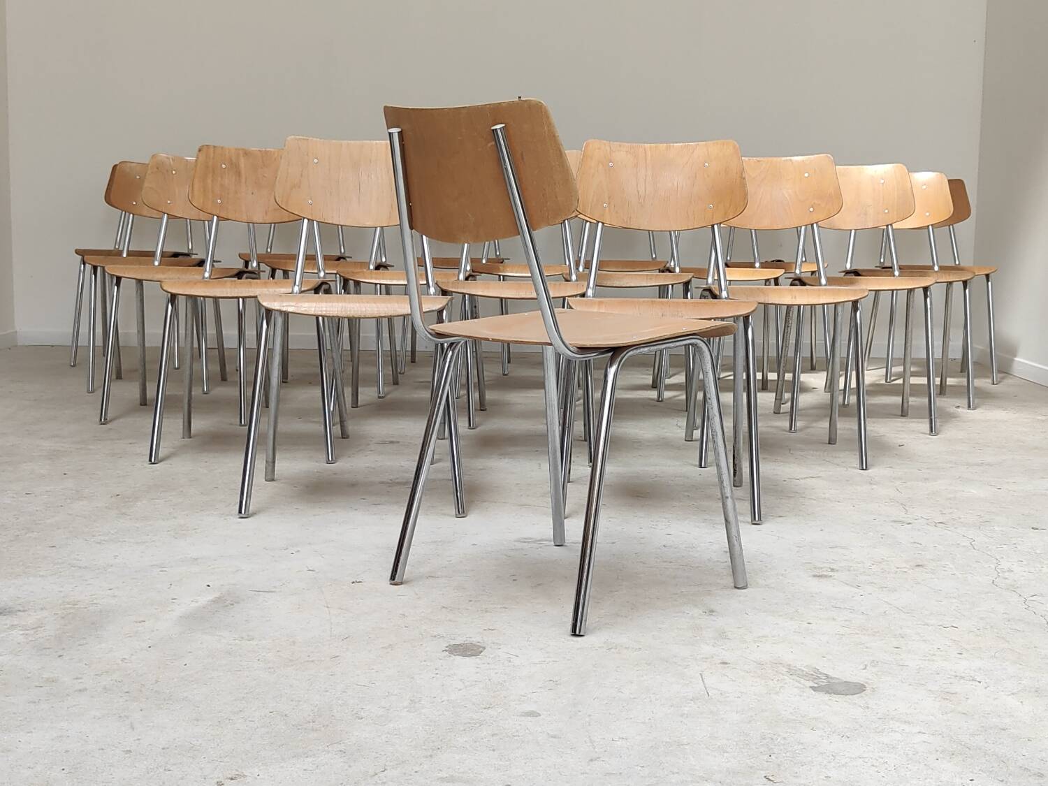 Set of 22 Kovona chrome and wood restaurant chairs