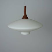 Danish Vintage UFO Lamp in Opal Glass and Teak 1960s