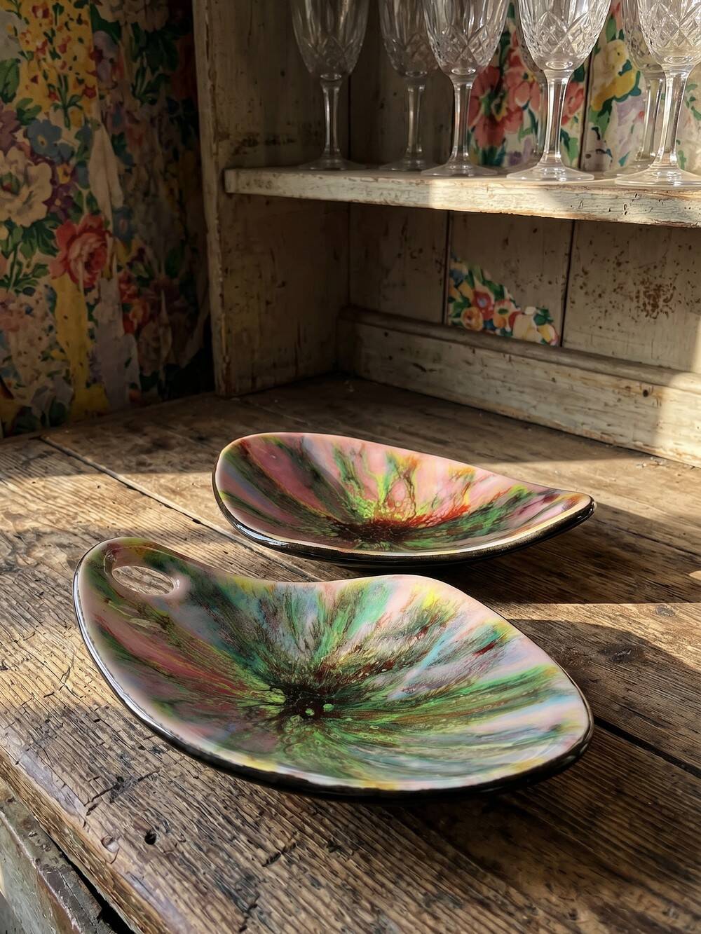 Pair of multicoloured glazed ceramic studio dishes, vintage 1960s.