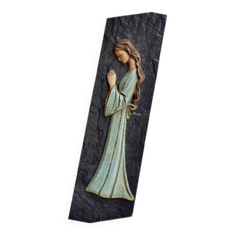 Religious slate wall plaque - hand-painted carved wood overprint - 1970