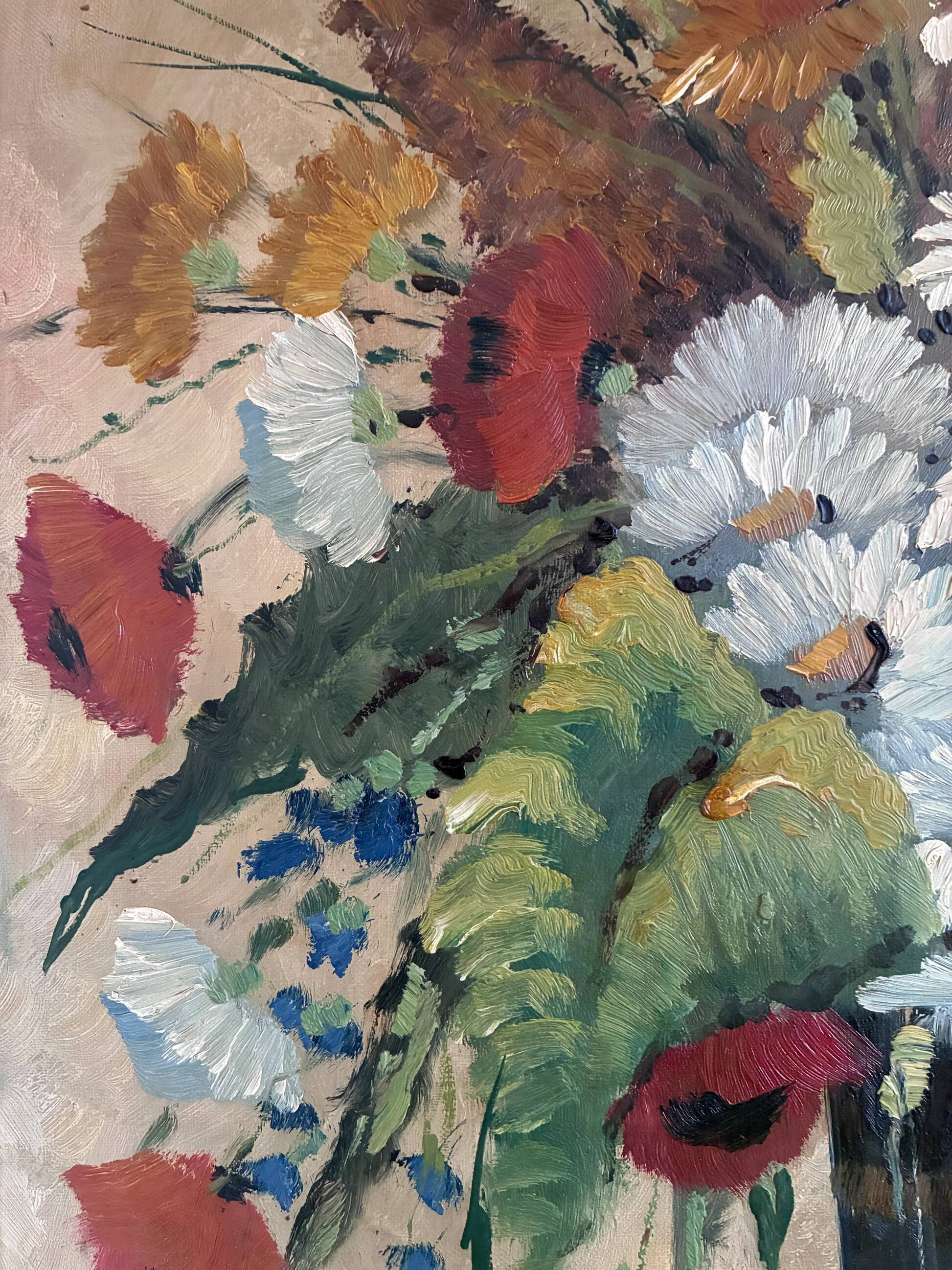 Vintage original floral oil painting with wildflowers in blue vase
