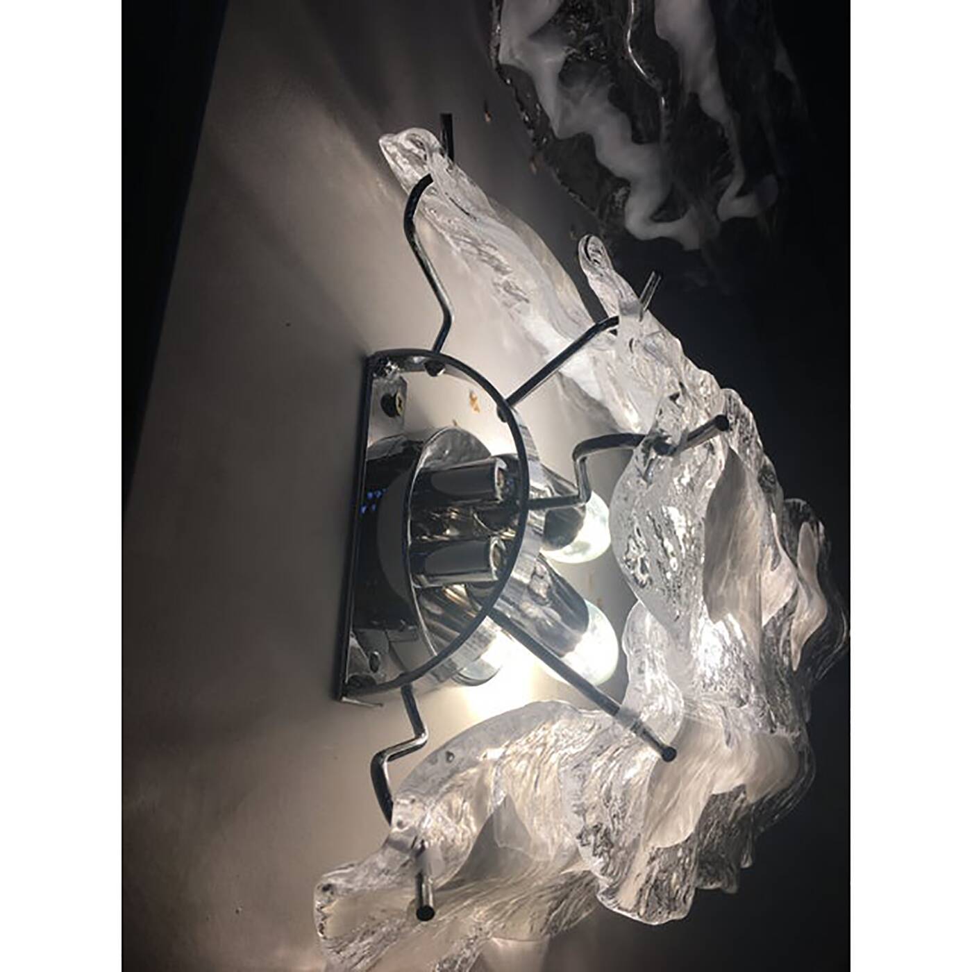 Lot of 2 Transparent and White “Fiamma” Murano Glass Wall Sconces